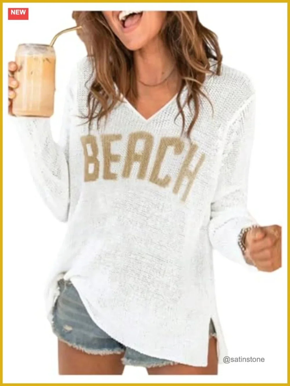Long Sleeve V Neck Knit Crochet Cover Up Beach Sweater